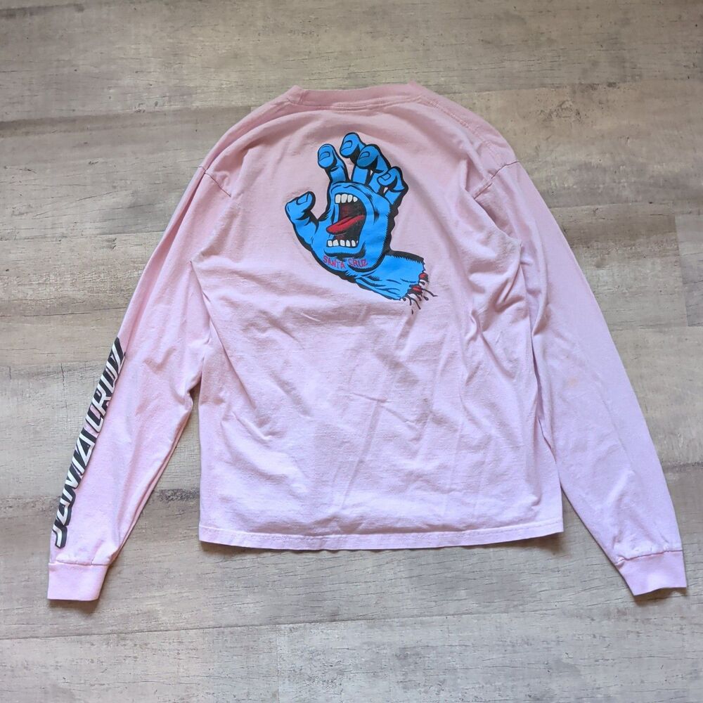 Santa Cruz SCREAMING HAND LONG SLEEVE Skateboard T Shirt Pink Size Large L